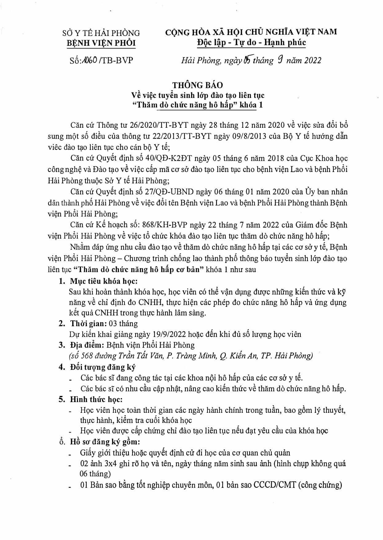THÔNG BÁO VỀ VIỆC TUYỂN SINH LỚP “THĂM DÒ CHỨC NĂNG HÔ HẤP” KHÓA 1