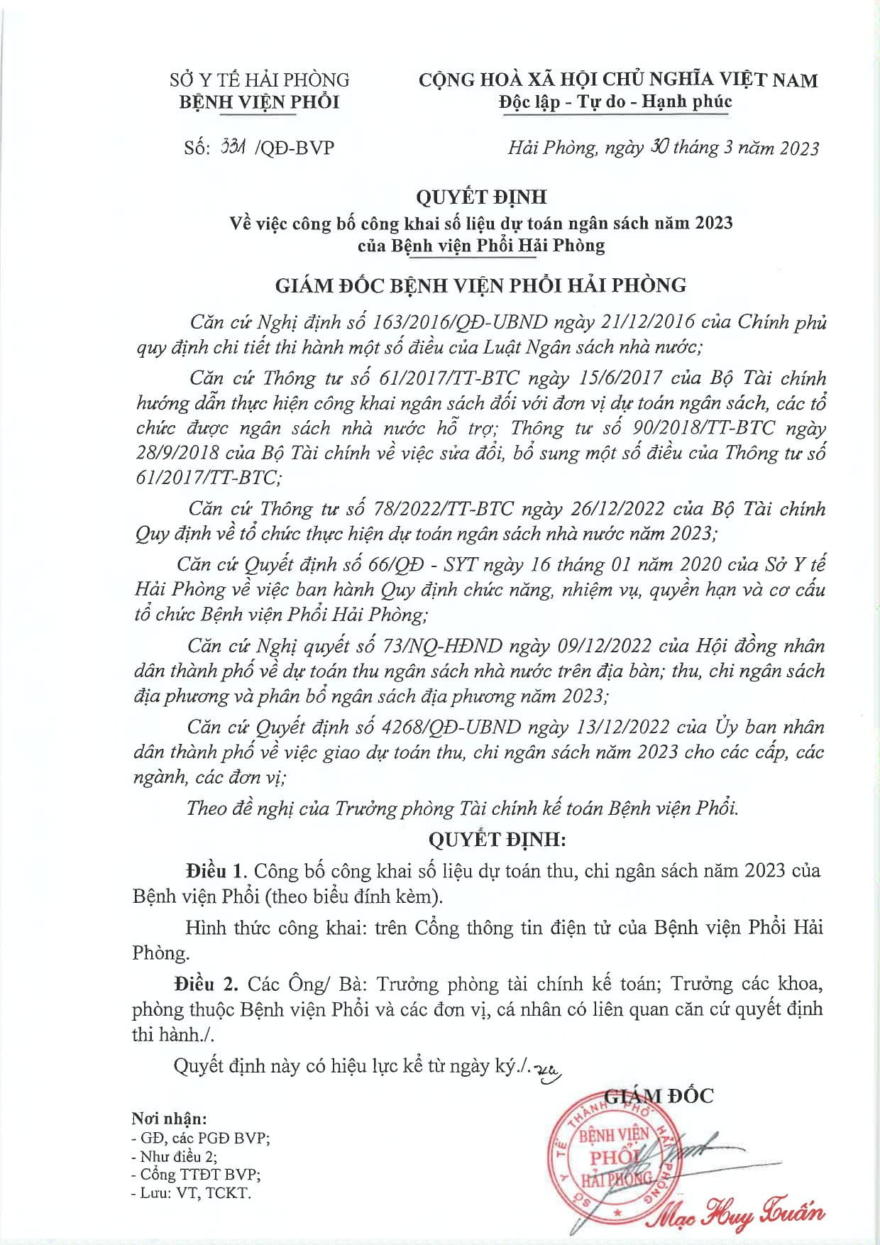 QUYẾT ĐỊNH VỀ VIỆC CÔNG BỐ CÔNG KHAI SỐ LIỆU DỰ TOÁN NGÂN SÁCH NĂM 2023 BỆNH VIỆN PHỔI HẢI PHÒNG