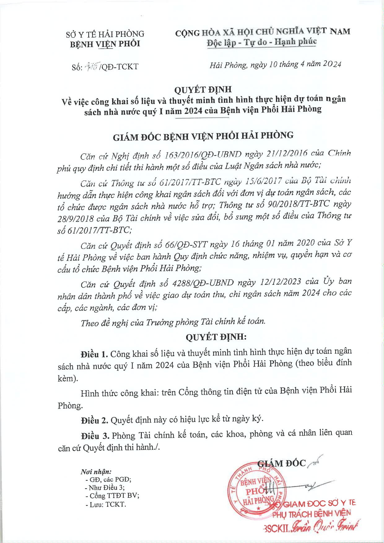 QUYẾT ĐỊNH CỦA BỆNH VIỆN PHỔI HẢI PHÒNG VỀ VIỆC CÔNG KHAI SỐ LIỆU VÀ THUYẾT MINH TÌNH HÌNH THỰC HIỆN DỰ TOÁN NGÂN SÁCH NHÀ NƯỚC QUÝ I NĂM 2024