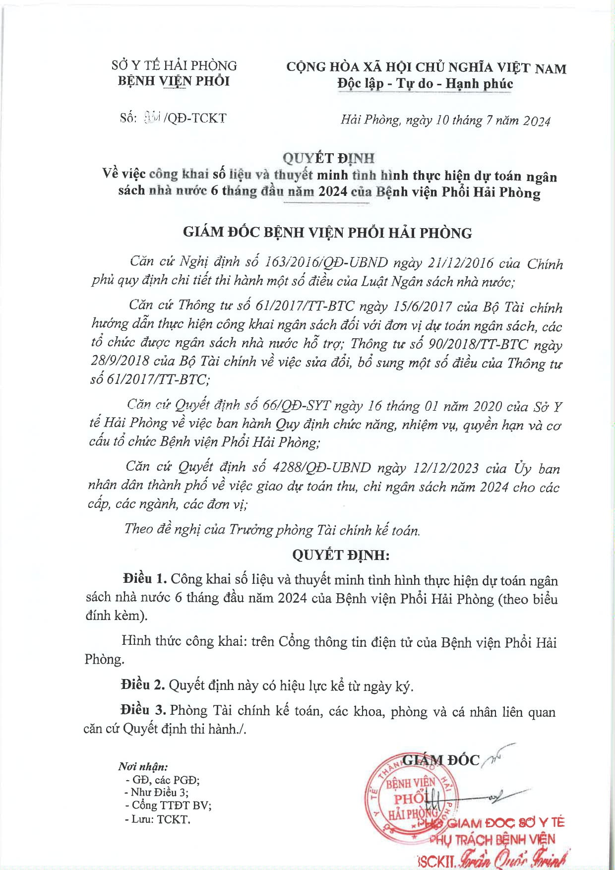 THÔNG BÁO QUYẾT ĐỊNH VỀ VIỆC CÔNG KHAI SỐ LIỆU VÀ THUYẾT MINH TÌNH HÌNH THỰC HIỆN DỰ TOÁN NGÂN SÁCH NHÀ NƯỚC 6 THÁNG ĐẦU NĂM 2024 CỦA BỆNH VIỆN PHỔI HẢI PHÒNG
