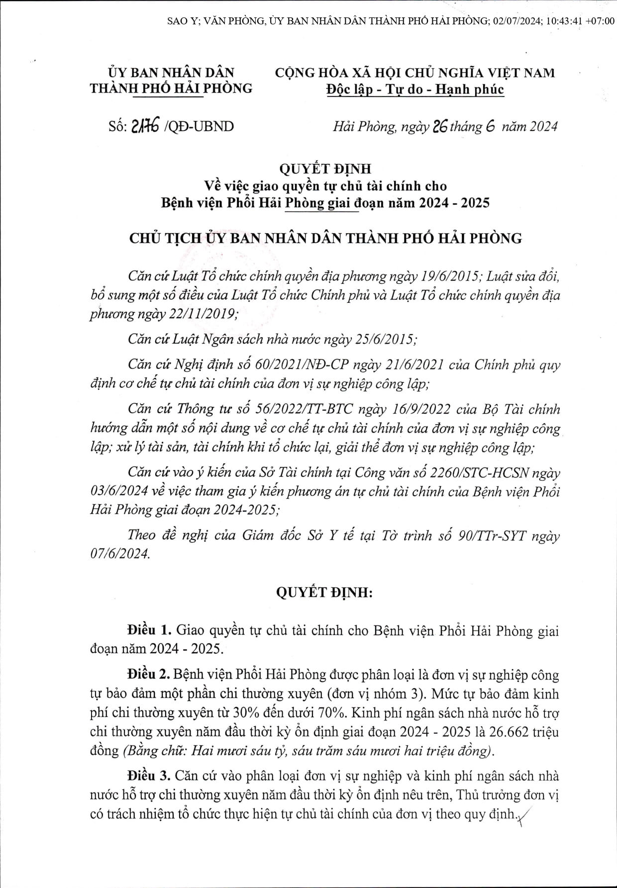 CÔNG KHAI ĐIỀU CHỈNH DỰ TOÁN NGÂN SÁCH NHÀ NƯỚC NĂM 2024 CỦA BỆNH VIỆN PHỔI HẢI PHÒNG