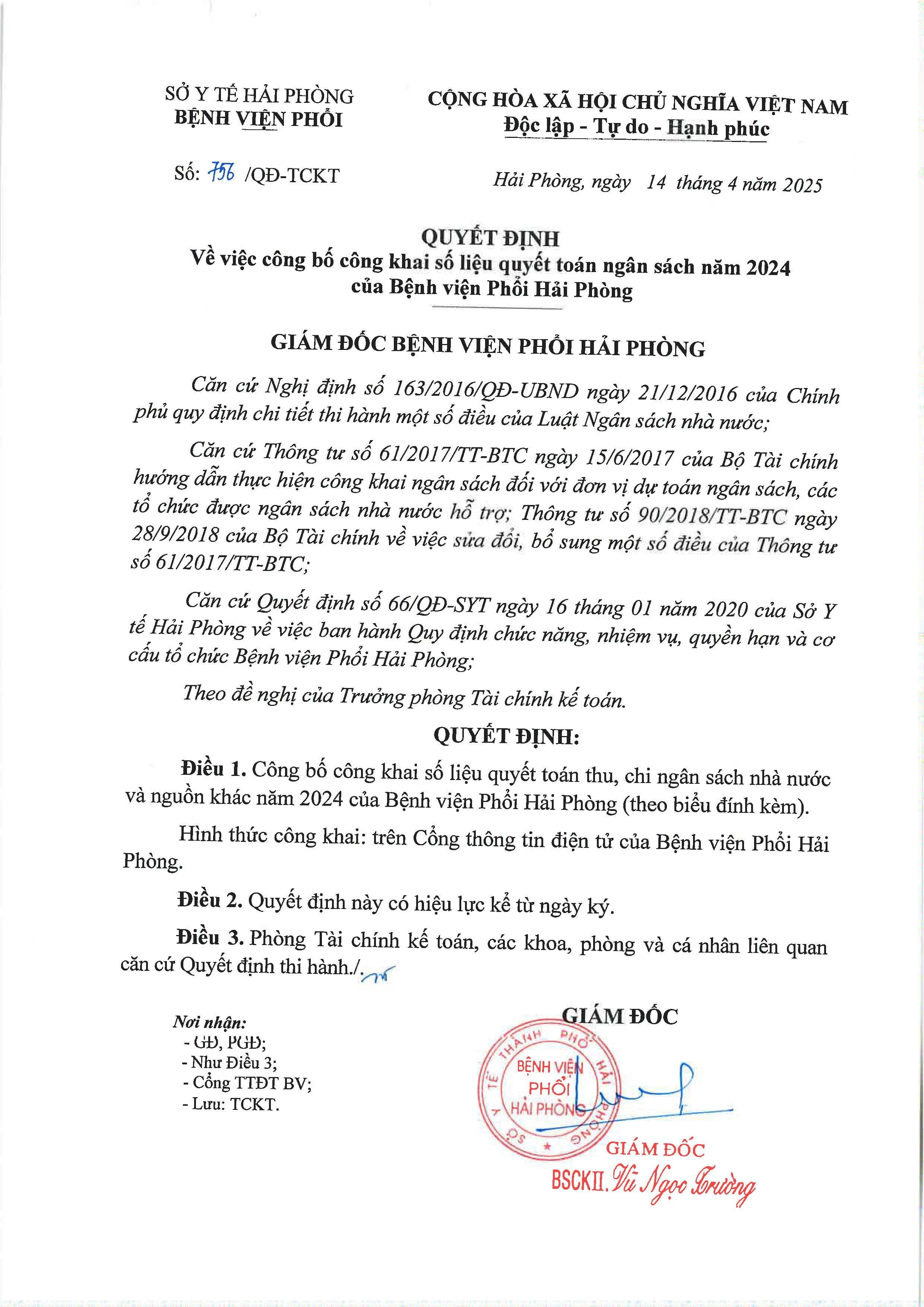 QUYẾT ĐỊNH VỀ VIỆC CÔNG BỐ CÔNG KHAI SỐ LIỆU QUYẾT TOÁN NĂM 2024 CỦA BỆNH VIỆN PHỔI HẢI PHÒNG