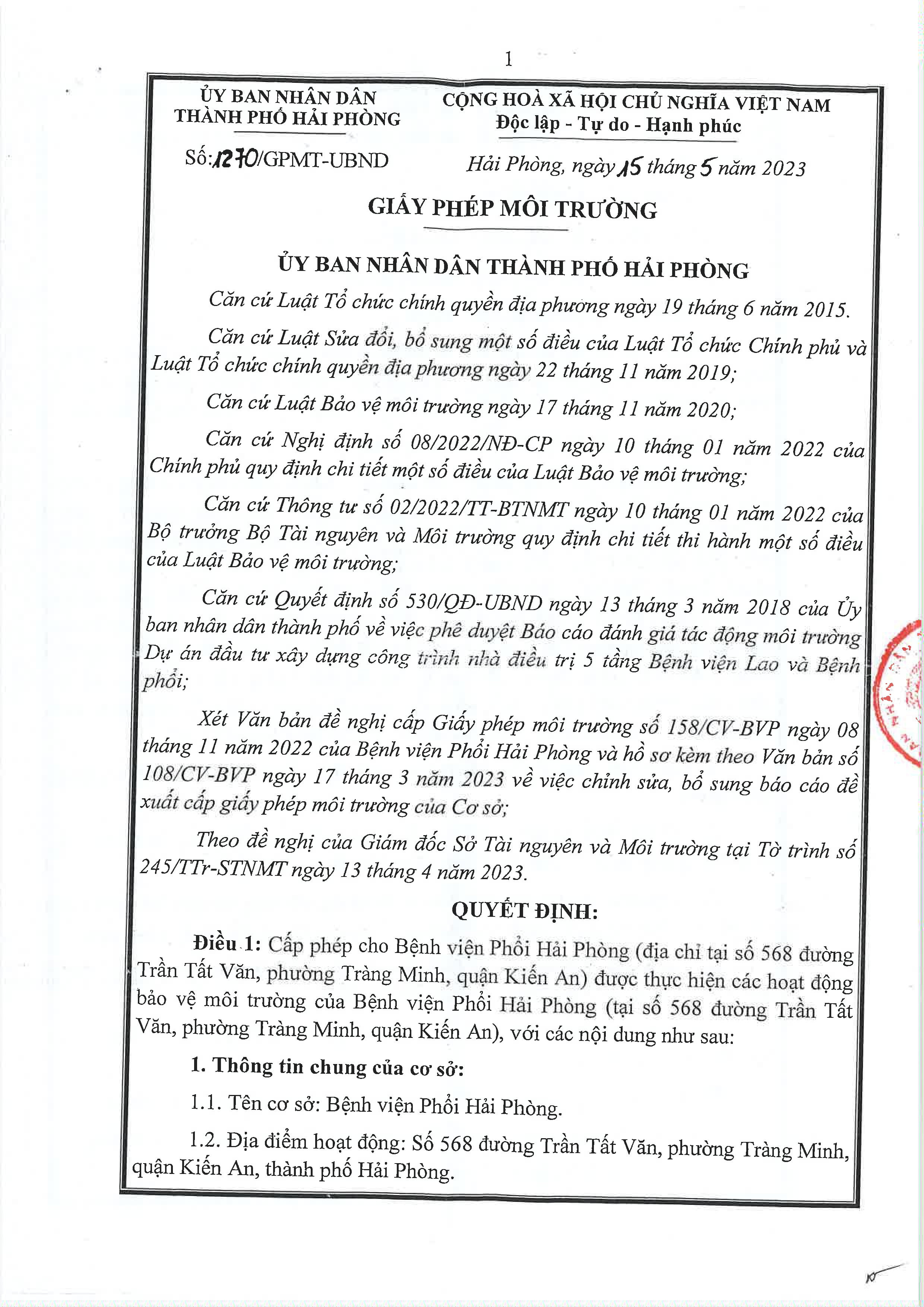 GIẤY PHÉP MÔI TRƯỜNG CỦA ỦY BAN NHÂN DÂN THÀNH PHỐ HẢI PHÒNG CẤP CHO BỆNH VIỆN PHỔI HẢI PHÒNG