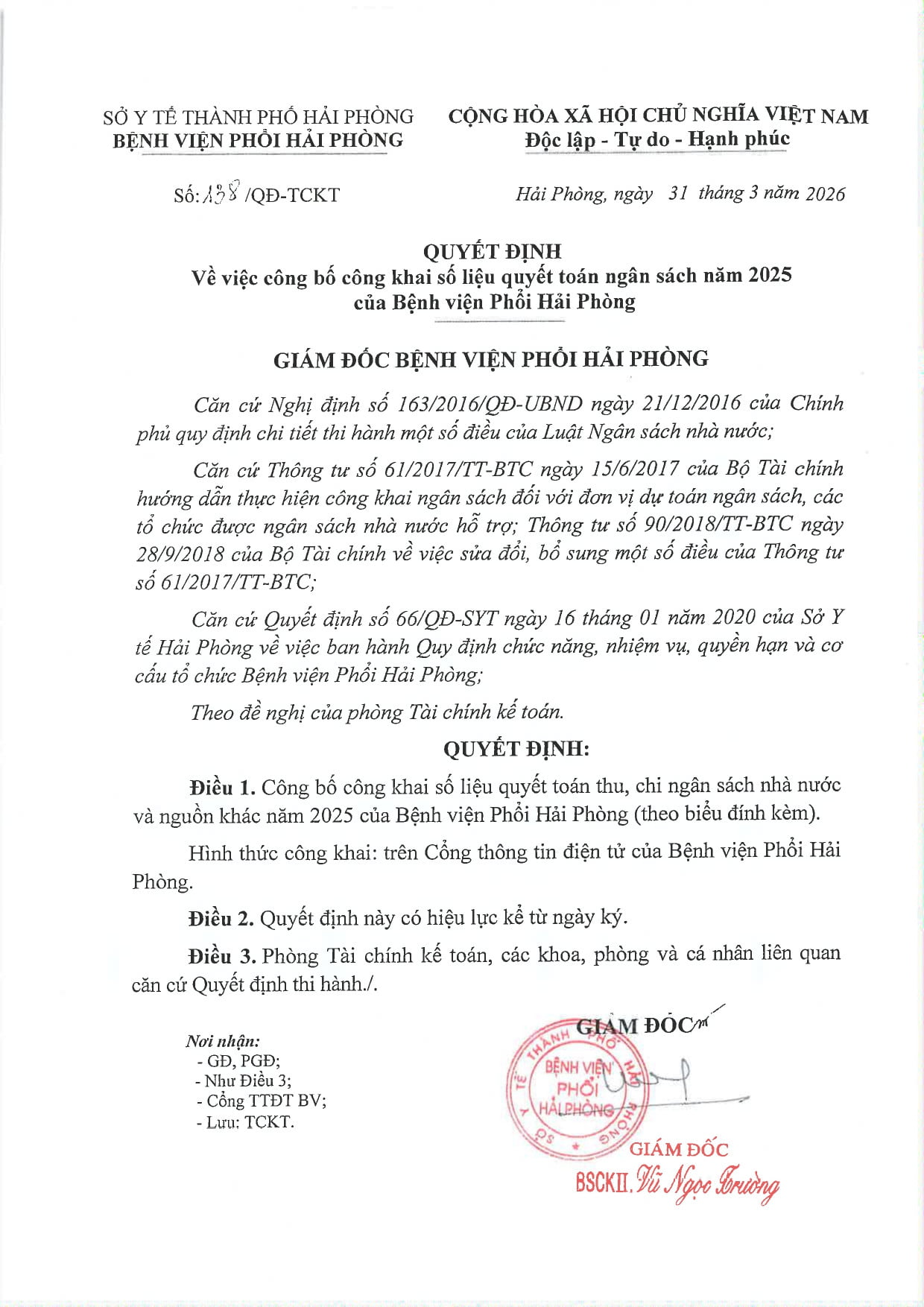 QUYẾT ĐỊNH VỀ VIỆC CÔNG BỐ CÔNG KHAI SỐ LIỆU QUYẾT TOÁN NGÂN SÁCH NĂM 2025 CỦA BỆNH VIỆN PHỔI HẢI PHÒNG