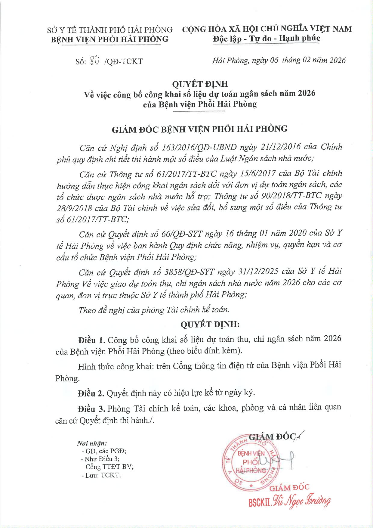 QUYẾT ĐỊNH CÔNG BỐ CÔNG KHAI SỐ LIỆU DỰ TOÁN NGÂN SÁCH NĂM 2026 CỦA BỆNH VIỆN PHỔI HẢI PHÒNG